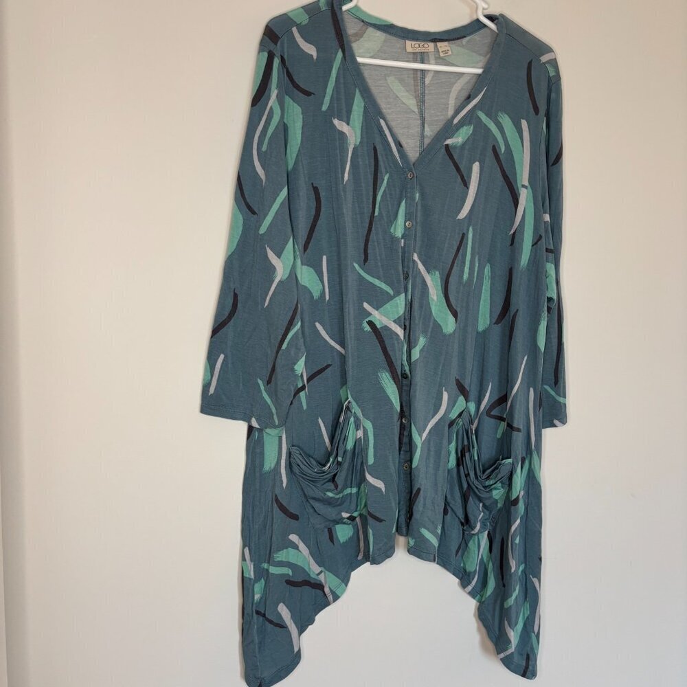 LOGO Lori Goldstein Asymmetric Cardigan Women XL Soft Flowy Pocket Blue Green